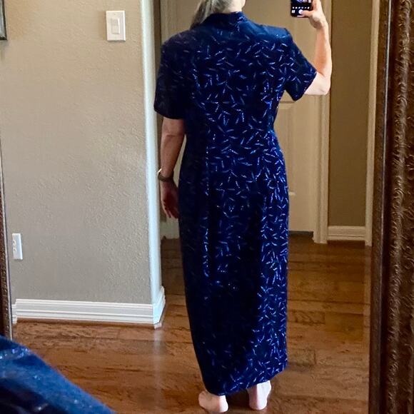Another Thyme Blue Velvet Maxi Dress Glitter Leaf Pattern Vintage 18 Large 8 -10 - Picture 11 of 12